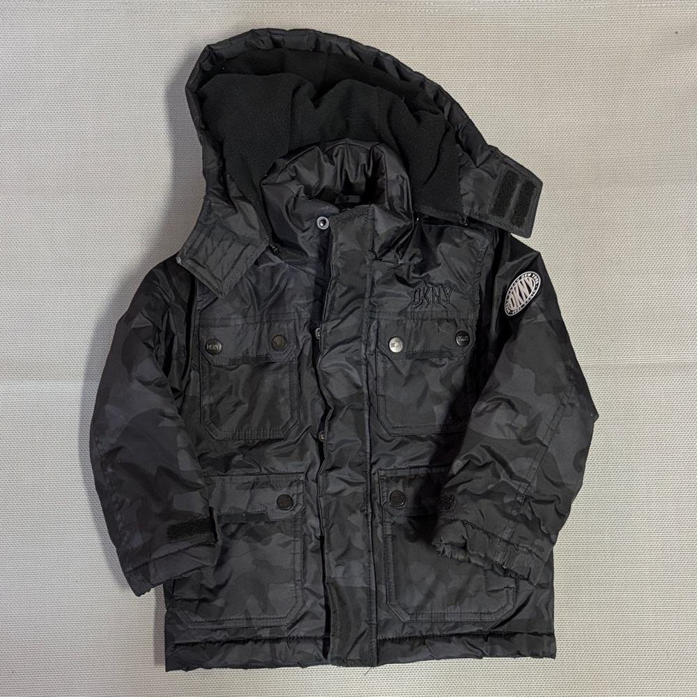 DKNY boys sz 8 Black Camouflage Hooded winter Jacket